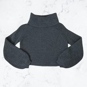 Dark Grey Cropped Turtleneck Sweater with Balloon Sleeves